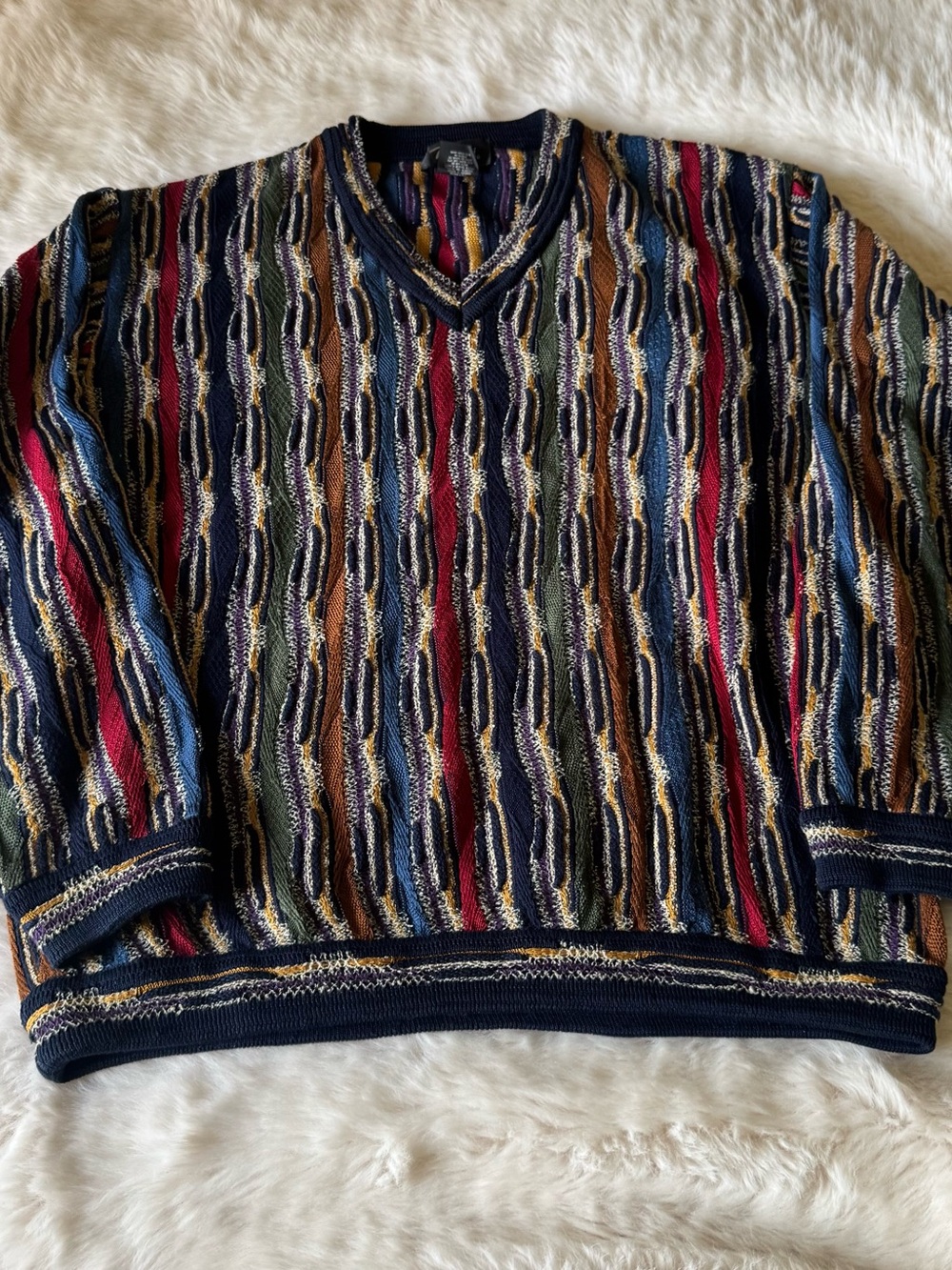 Tosani vintage Men's V-Neck Multicolor Textured Knit Sweater